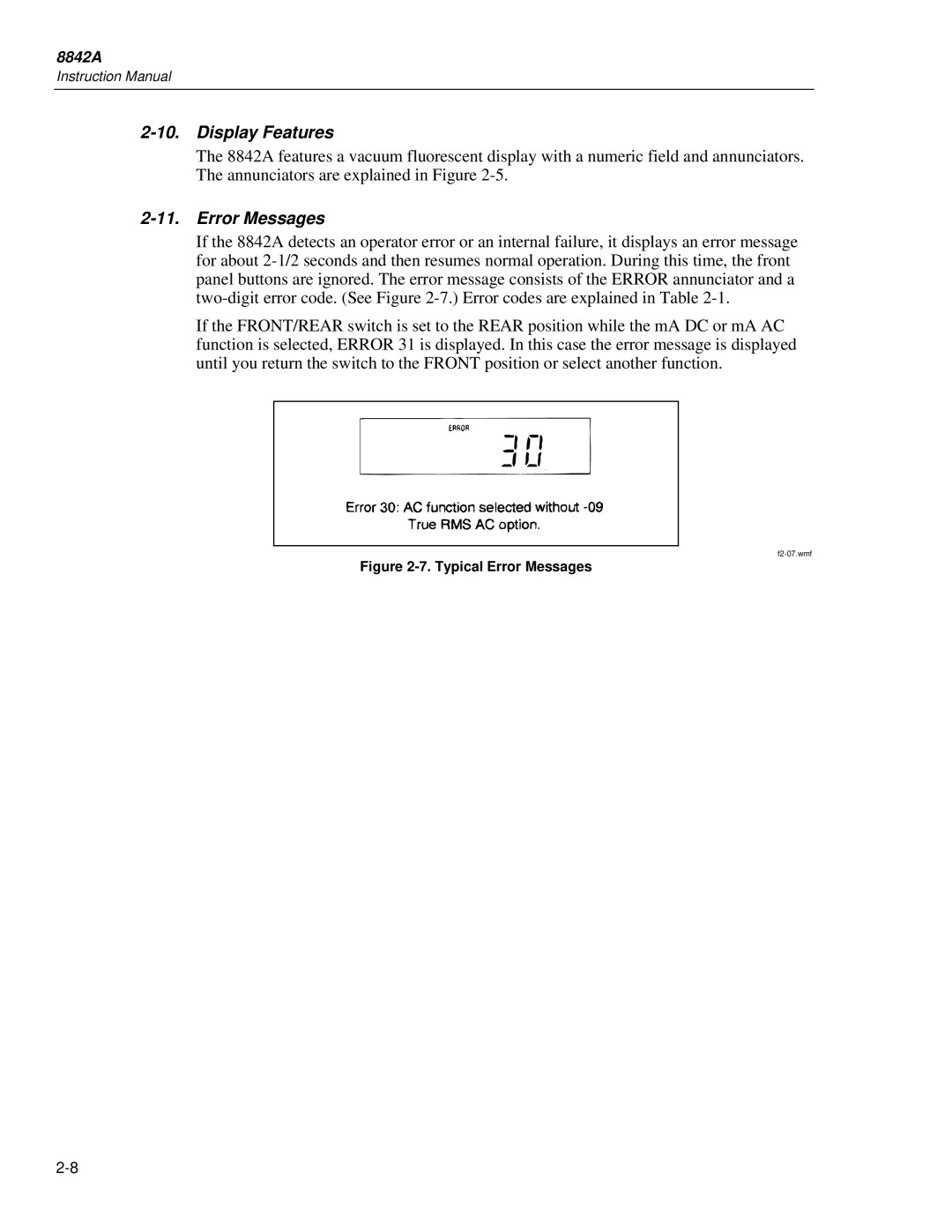 Fluke 8842a instruction manual Display Features, Error Messages 