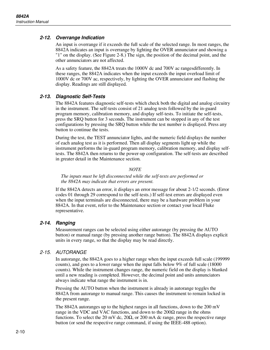 Fluke 8842a instruction manual Overrange Indication, Diagnostic Self-Tests, Ranging, Autorange 