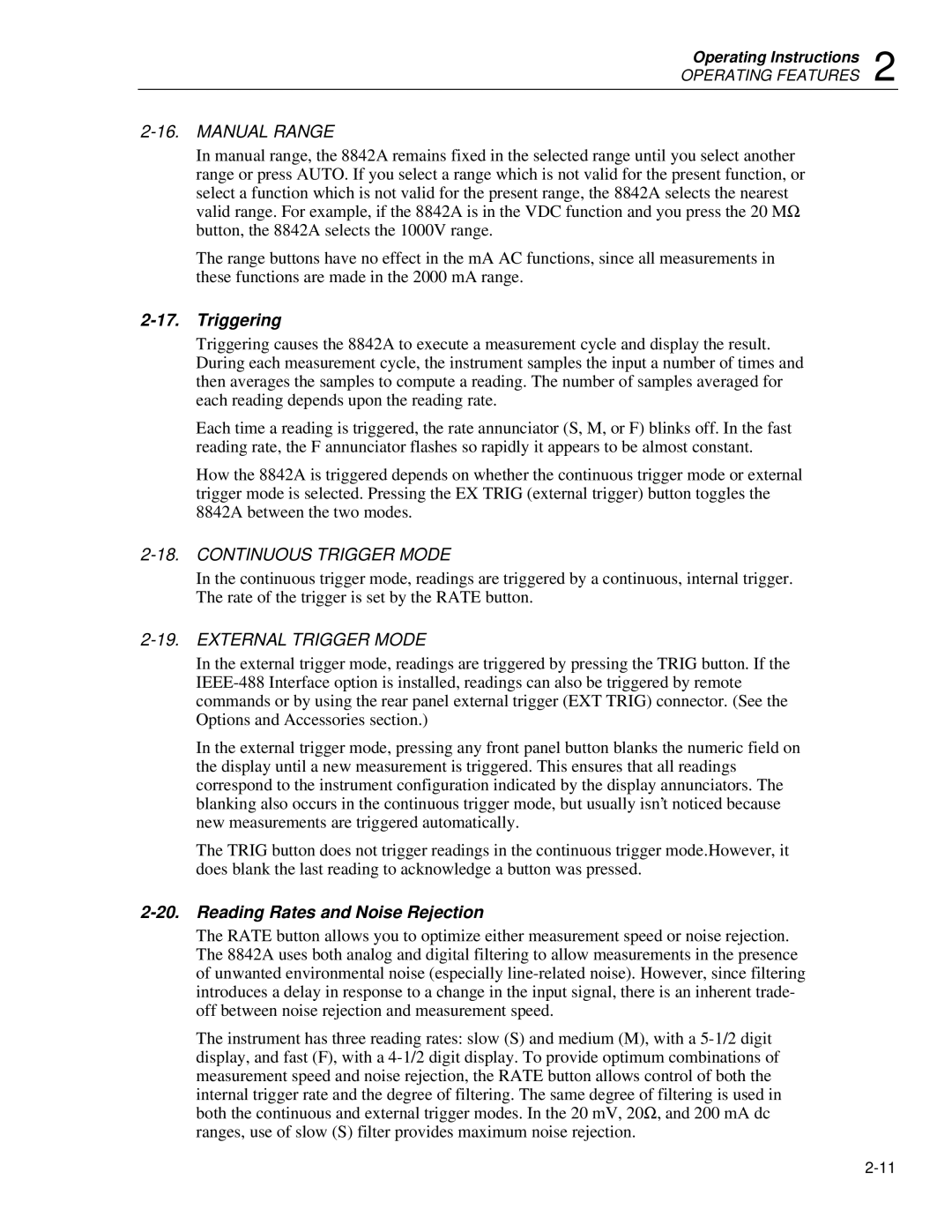 Fluke 8842a Manual Range, Triggering, Continuous Trigger Mode, External Trigger Mode, Reading Rates and Noise Rejection 