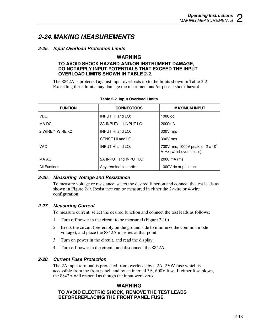 Fluke 8842a Making Measurements, Input Overload Protection Limits, Measuring Voltage and Resistance, Measuring Current 