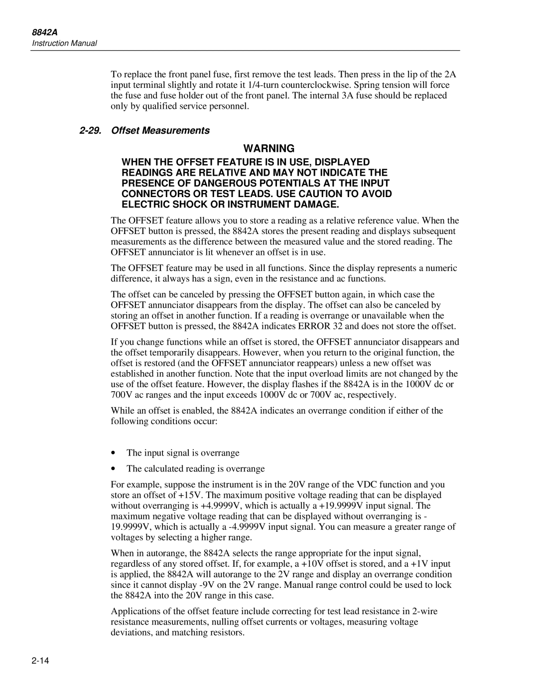 Fluke 8842a instruction manual Offset Measurements 