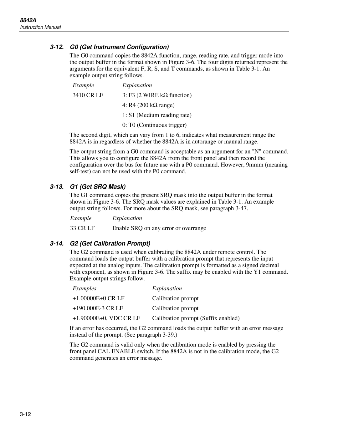 Fluke 8842a instruction manual 12. G0 Get Instrument Configuration, 13. G1 Get SRQ Mask, 14. G2 Get Calibration Prompt 