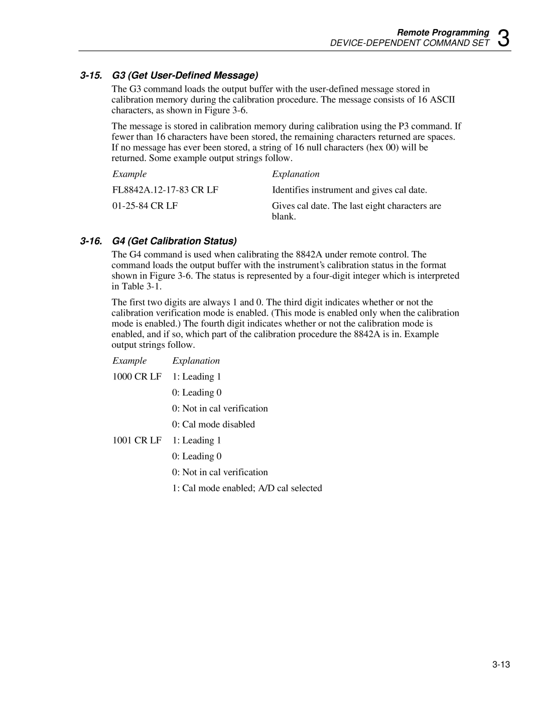 Fluke 8842a instruction manual 15. G3 Get User-Defined Message, 16. G4 Get Calibration Status 