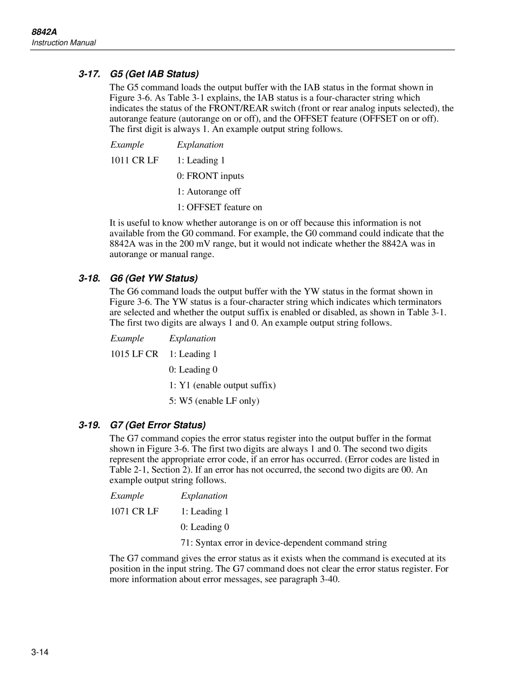 Fluke 8842a instruction manual 17. G5 Get IAB Status, 18. G6 Get YW Status, 19. G7 Get Error Status 