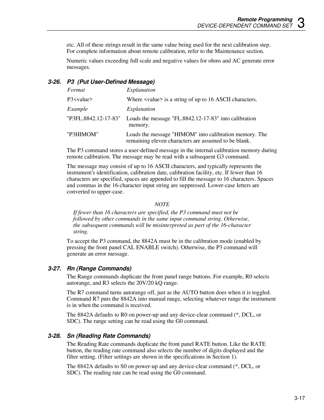 Fluke 8842a instruction manual 26. P3 Put User-Defined Message, Rn Range Commands, Sn Reading Rate Commands 