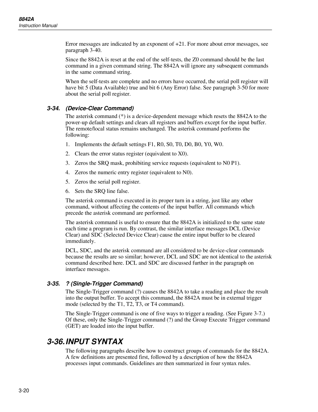 Fluke 8842a instruction manual Input Syntax, Device-Clear Command, 35. ? Single-Trigger Command 