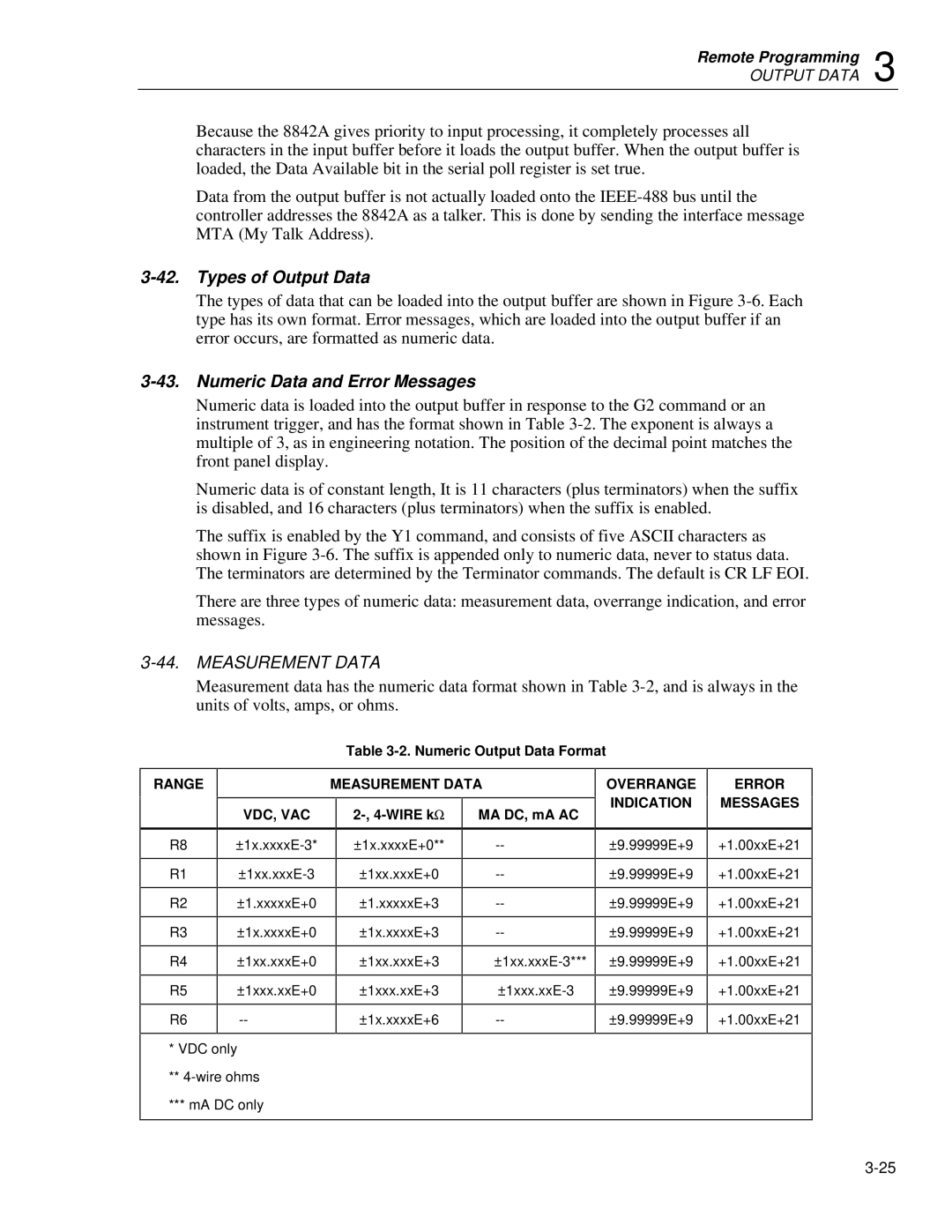 Fluke 8842a instruction manual Types of Output Data, Numeric Data and Error Messages, Range Measurement Data VDC, VAC 