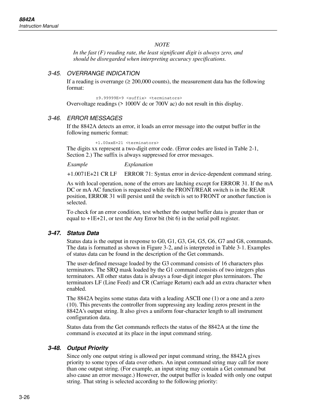 Fluke 8842a instruction manual Overrange Indication, Error Messages, Status Data, Output Priority 