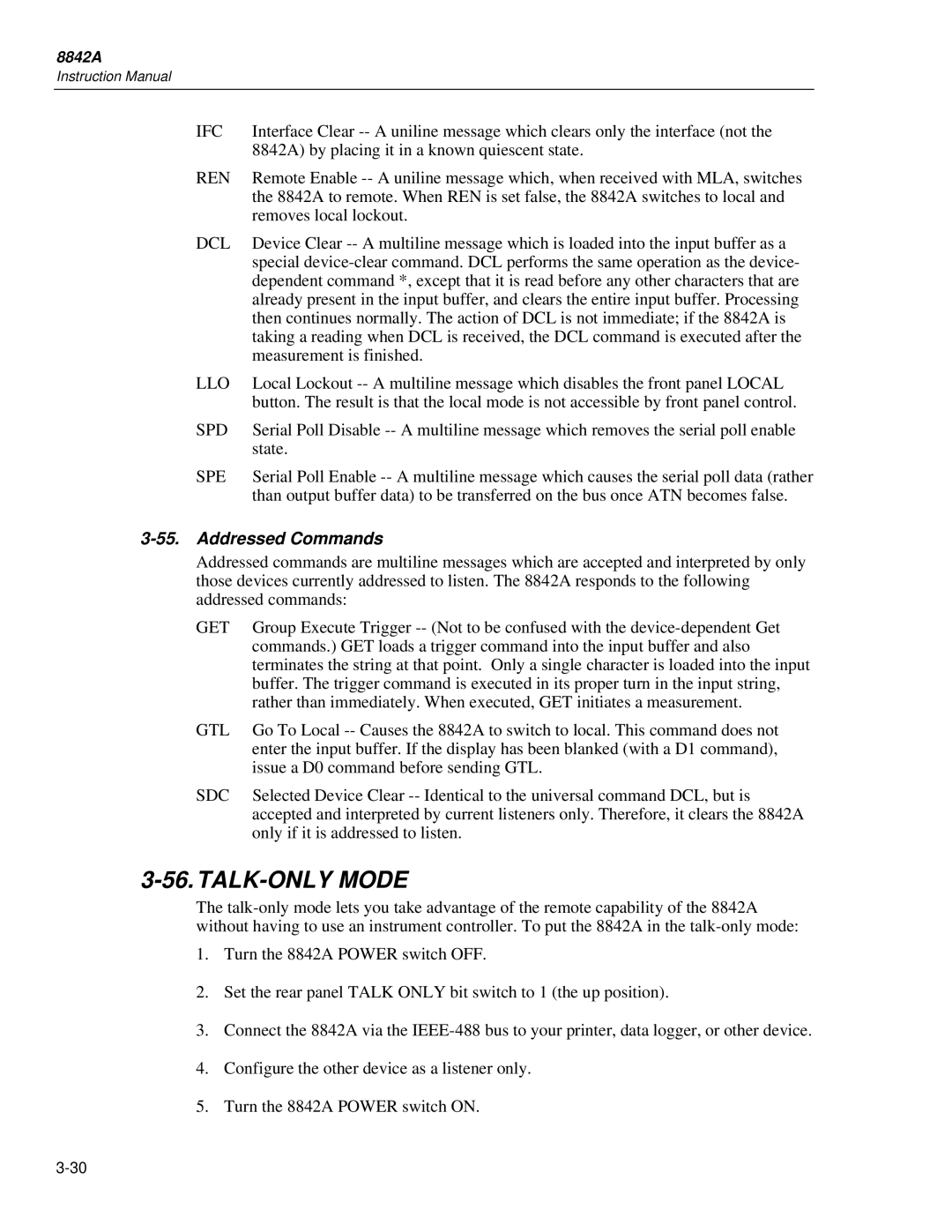 Fluke 8842a instruction manual TALK-ONLY Mode, Addressed Commands 