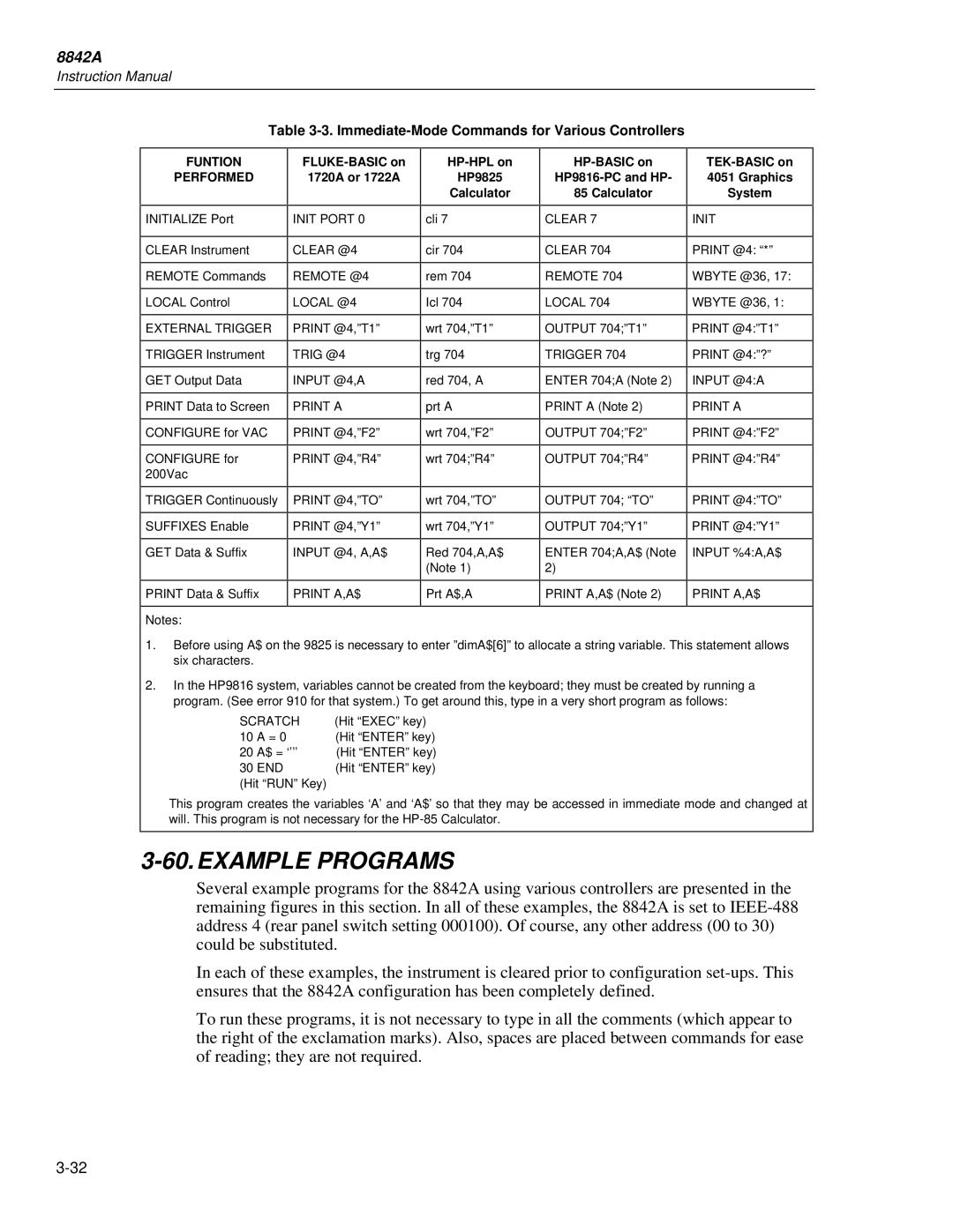 Fluke 8842a instruction manual Example Programs, Immediate-Mode Commands for Various Controllers 