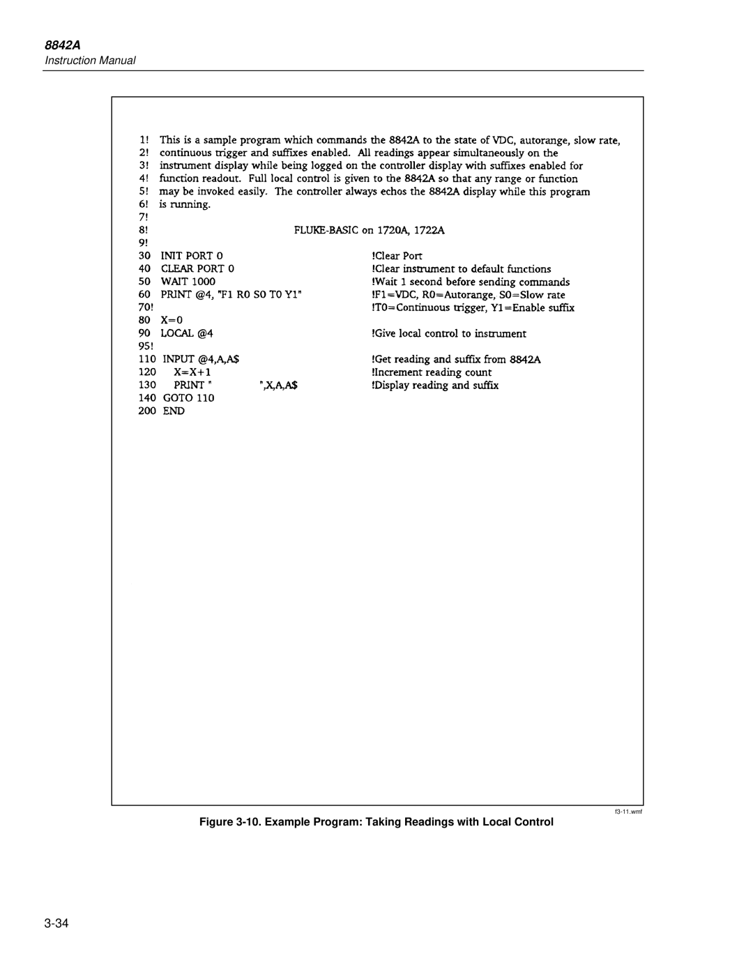 Fluke 8842a instruction manual Example Program Taking Readings with Local Control 