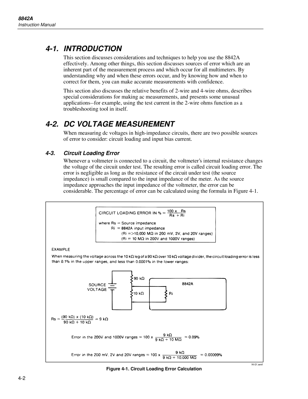 Fluke 8842a instruction manual DC Voltage Measurement, Circuit Loading Error 