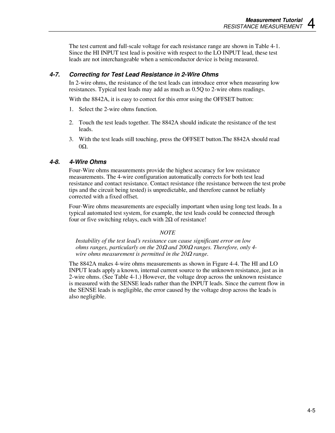 Fluke 8842a instruction manual Correcting for Test Lead Resistance in 2-Wire Ohms 