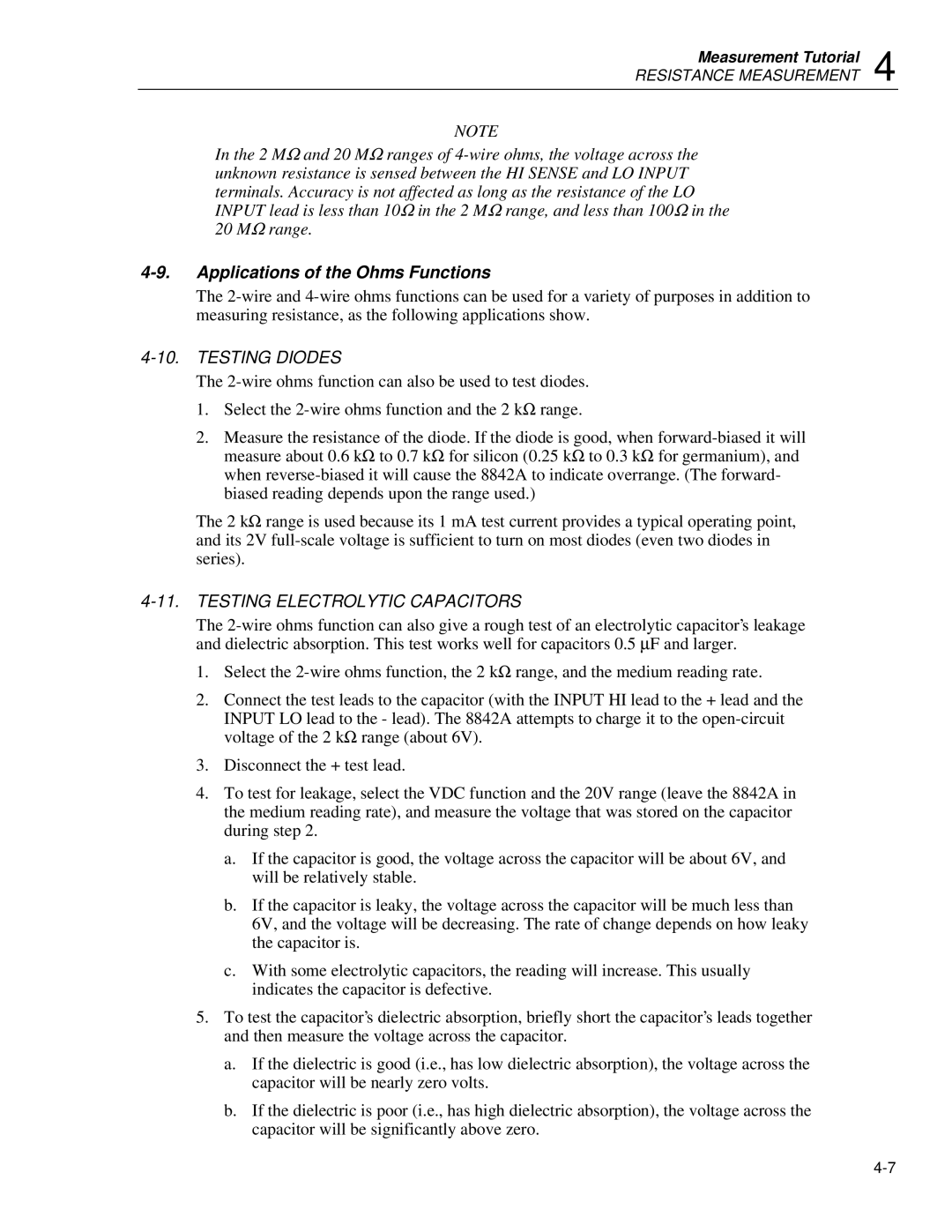 Fluke 8842a instruction manual Applications of the Ohms Functions, Testing Diodes, Testing Electrolytic Capacitors 