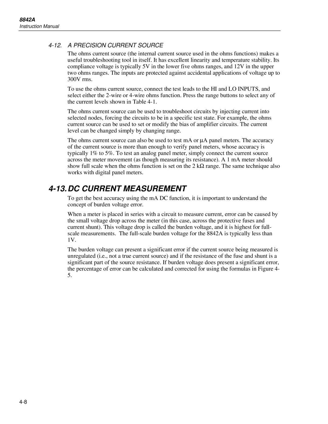 Fluke 8842a instruction manual DC Current Measurement, Precision Current Source 