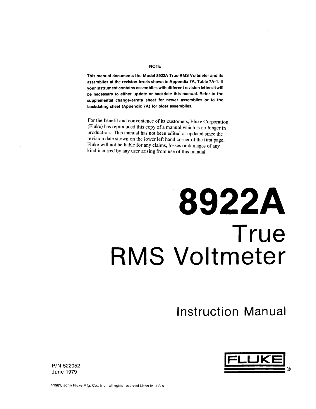 Fluke 8922A manual 