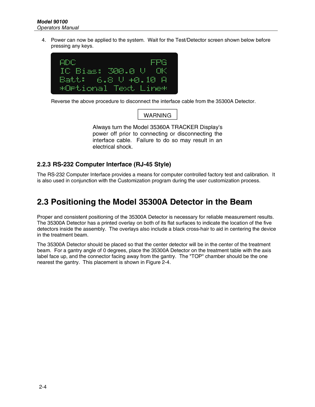 Fluke 90100 manual Positioning the Model 35300A Detector in the Beam, 3 RS-232 Computer Interface RJ-45 Style 