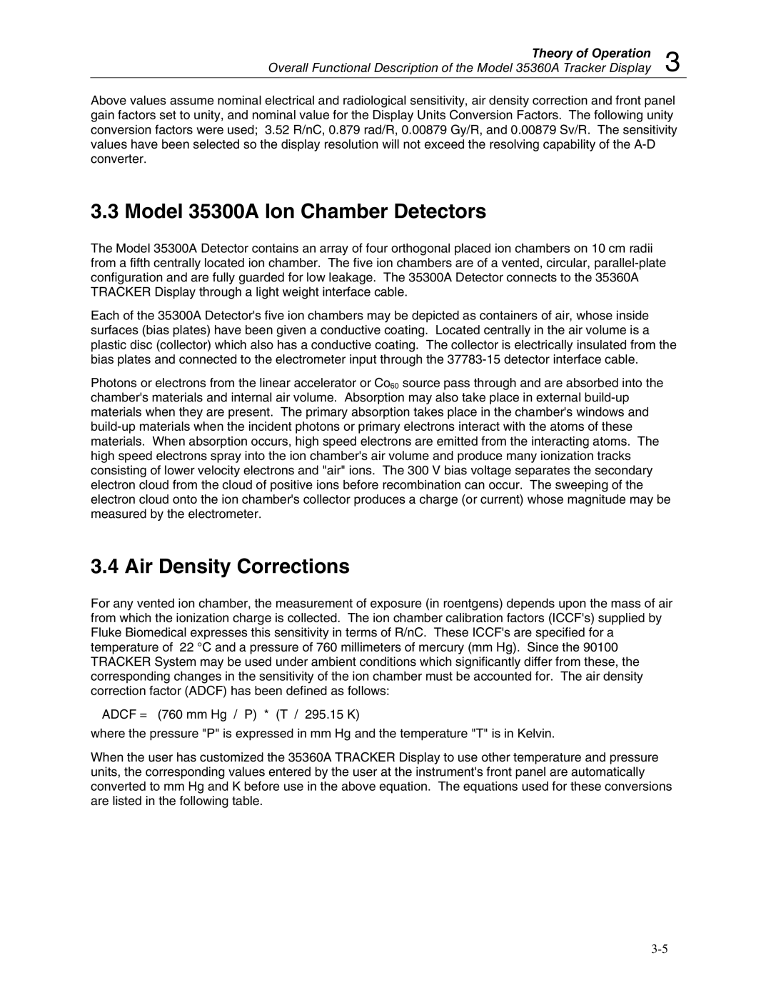 Fluke 90100 manual Model 35300A Ion Chamber Detectors, Air Density Corrections 