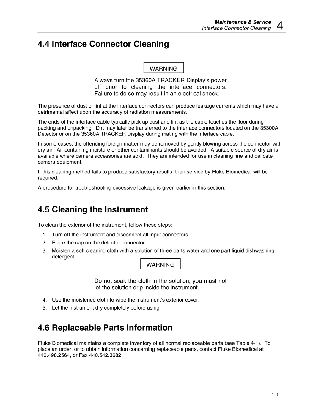 Fluke 90100 manual Interface Connector Cleaning, Cleaning the Instrument, Replaceable Parts Information 