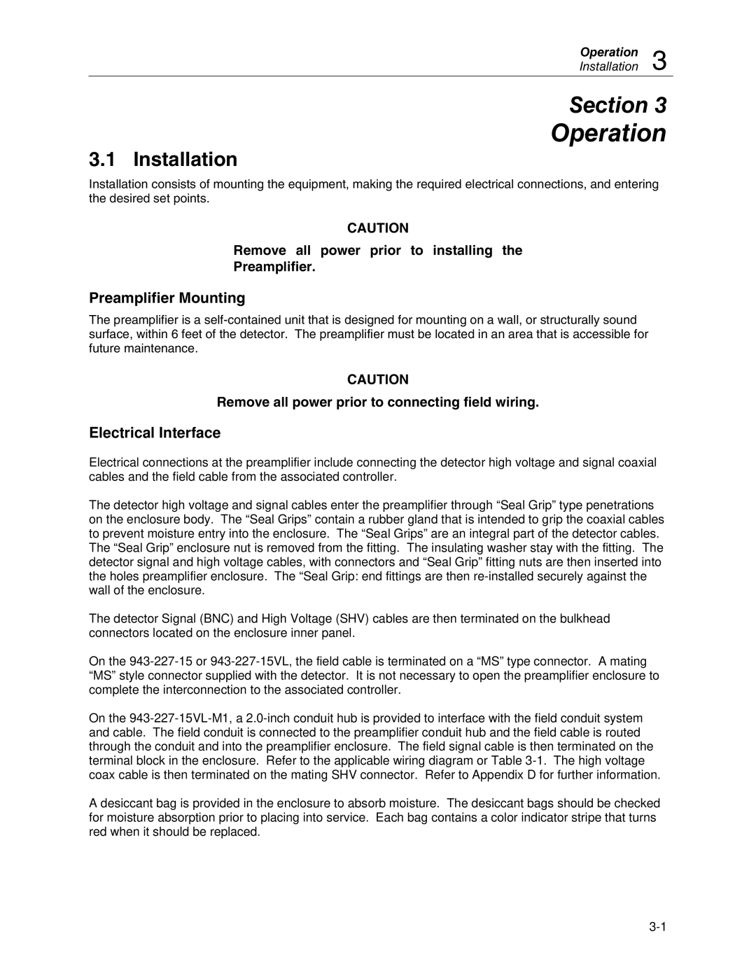 Fluke 943-27, 943-227-15 manual Operation, Installation, Preamplifier Mounting, Electrical Interface 