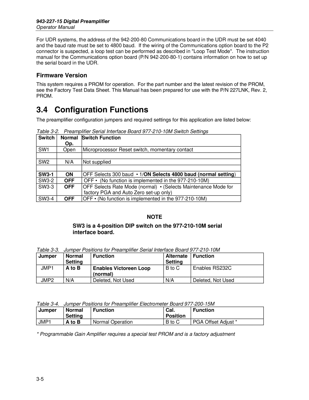 Fluke 943-27, 943-227-15 Configuration Functions, Firmware Version, To B Enables Victoreen Loop To C Enables RS232C Normal 