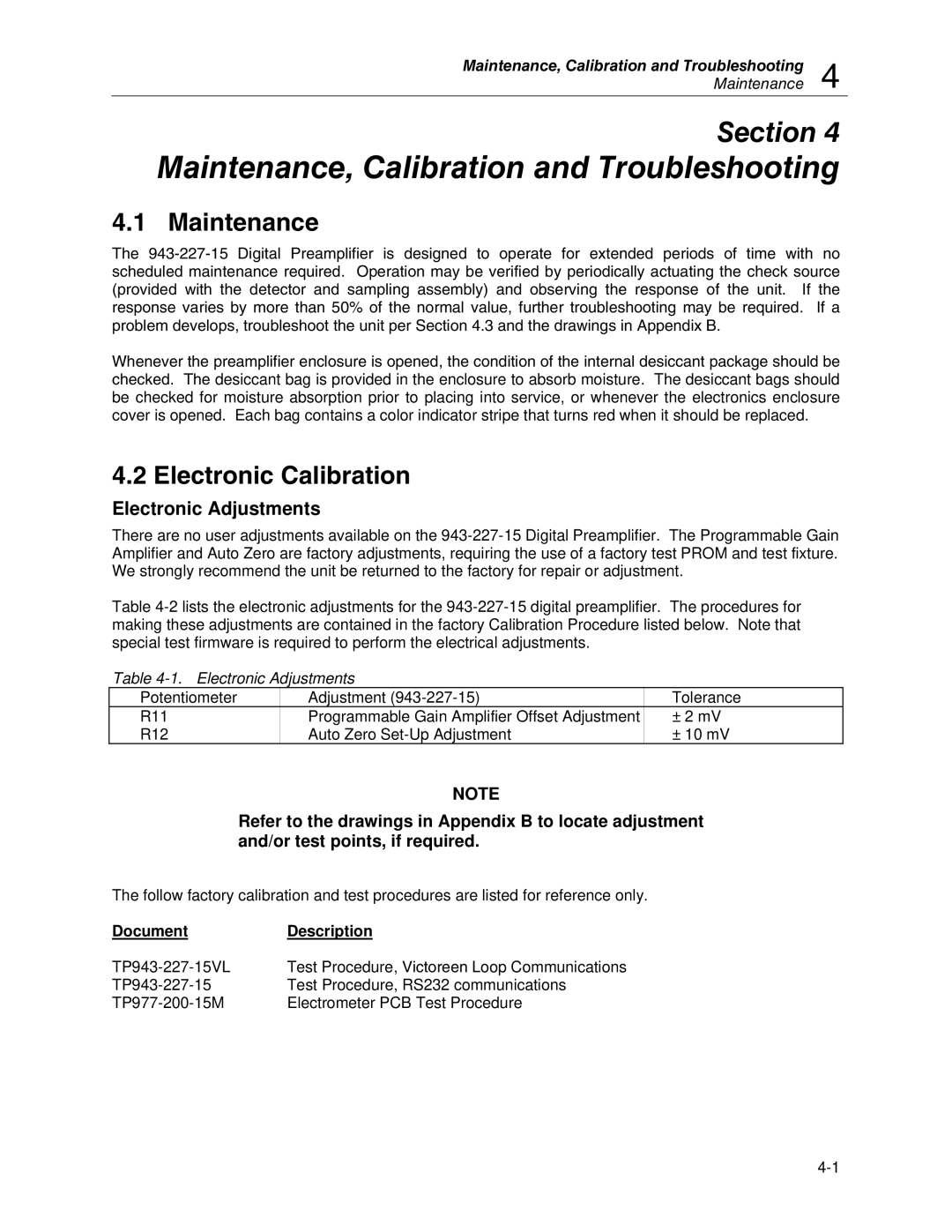 Fluke 943-227-15, 943-27 manual Maintenance, Calibration and Troubleshooting, Electronic Calibration, Electronic Adjustments 