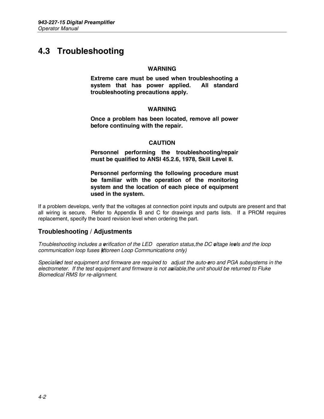 Fluke 943-27, 943-227-15 manual Troubleshooting / Adjustments 