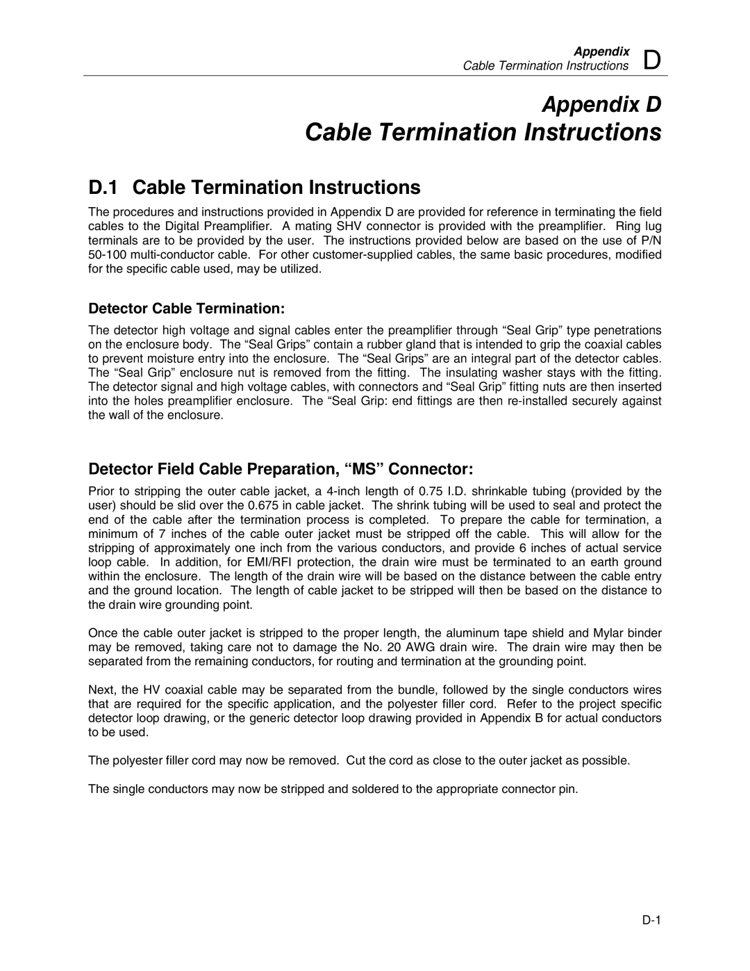 Fluke 943-227-15, 943-27 manual Cable Termination Instructions, Detector Cable Termination 