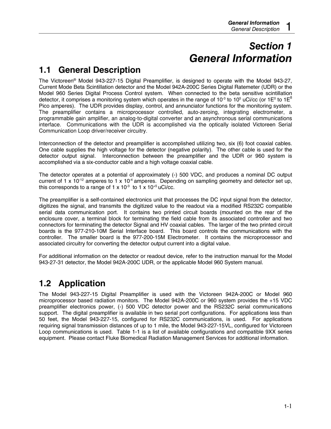 Fluke 943-27, 943-227-15 manual General Information, General Description, Application 