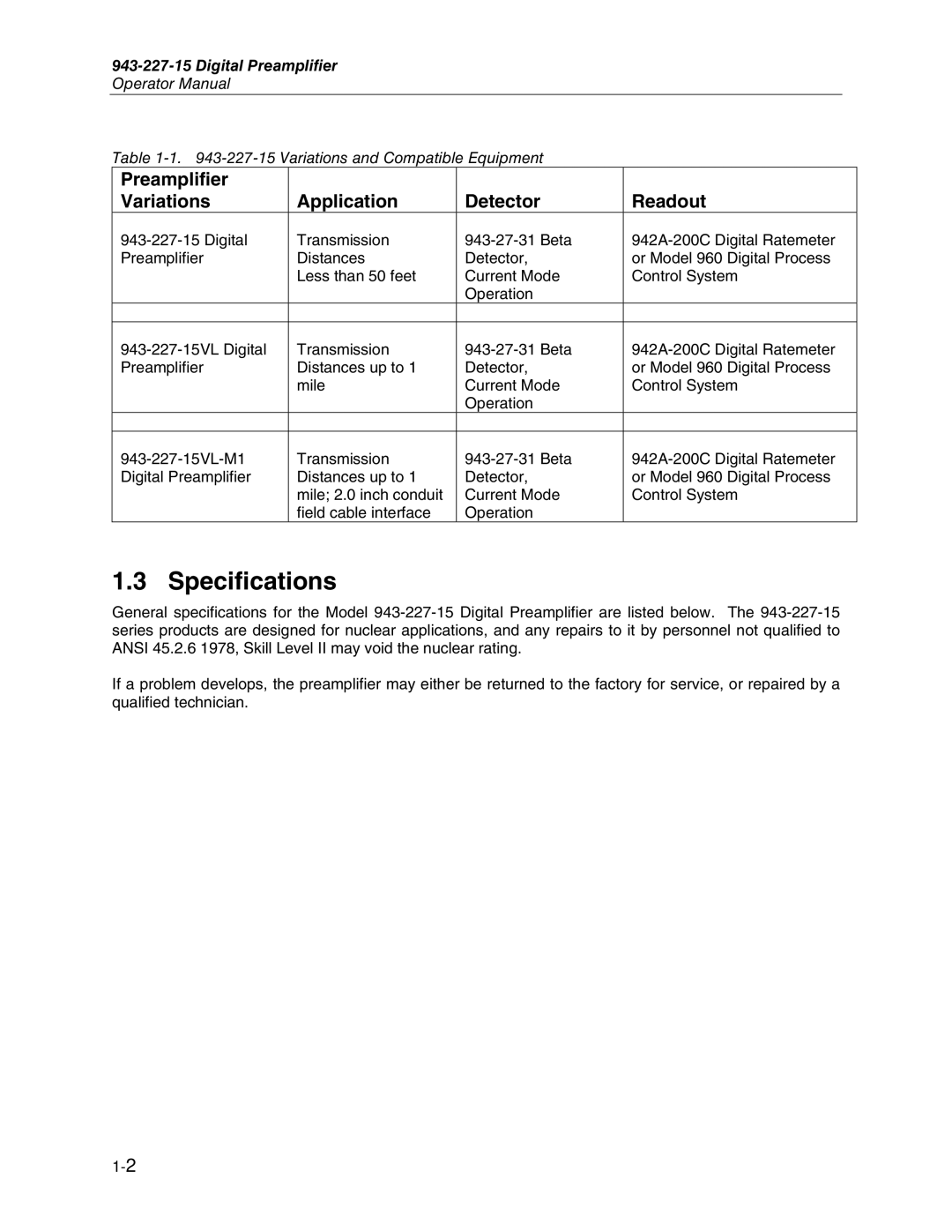 Fluke 943-227-15, 943-27 manual Specifications, Preamplifier Variations Application Detector Readout 