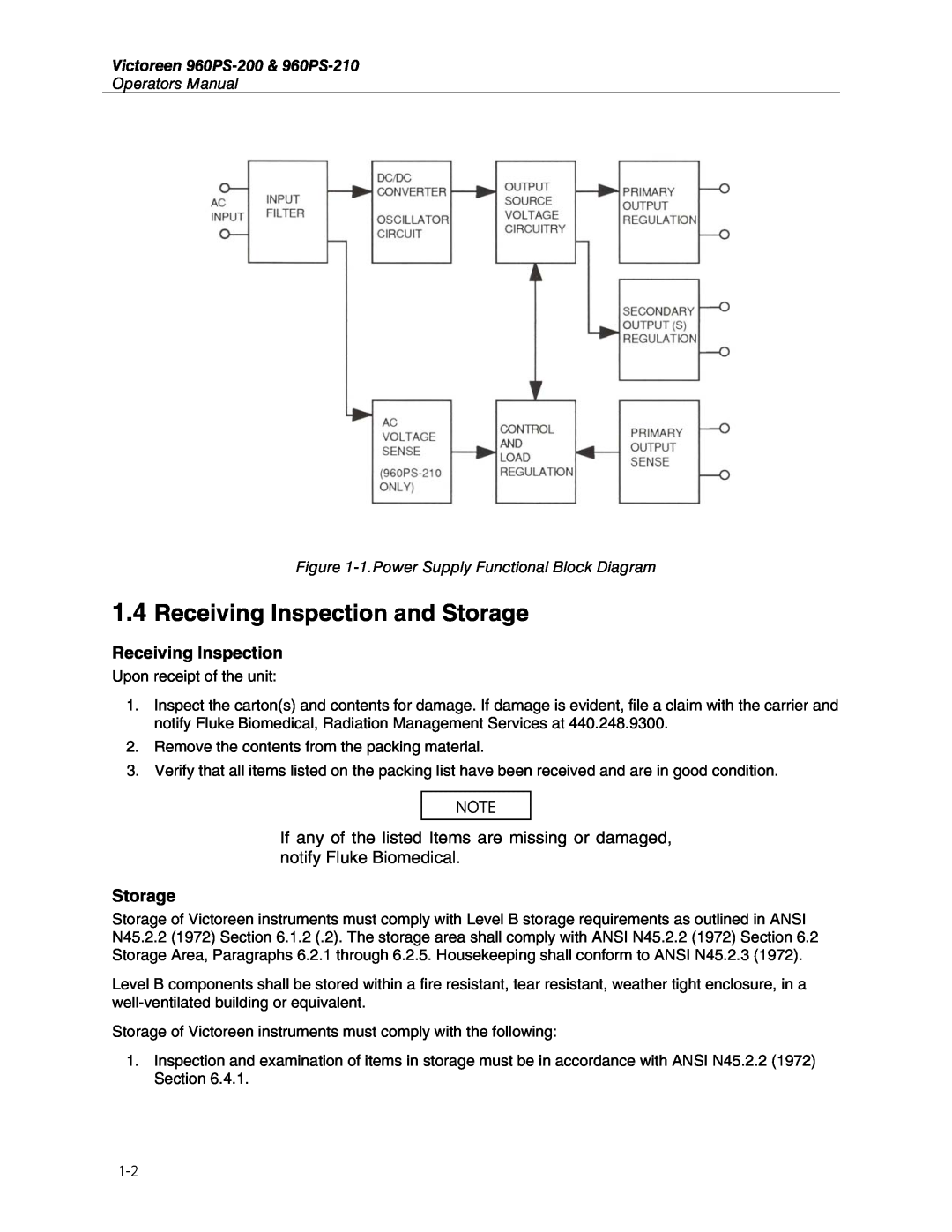 Fluke 960PS-200, 960PS-210 1.4Receiving Inspection and Storage, Operators Manual, 1.PowerSupply Functional Block Diagram 