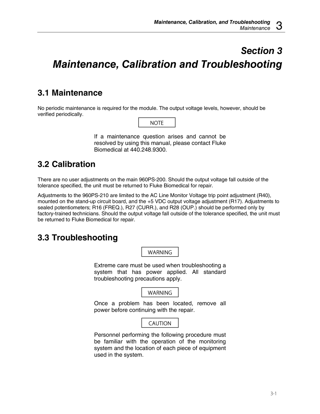 Fluke 960PS-210, 960PS-200 manual Maintenance, Calibration and Troubleshooting 