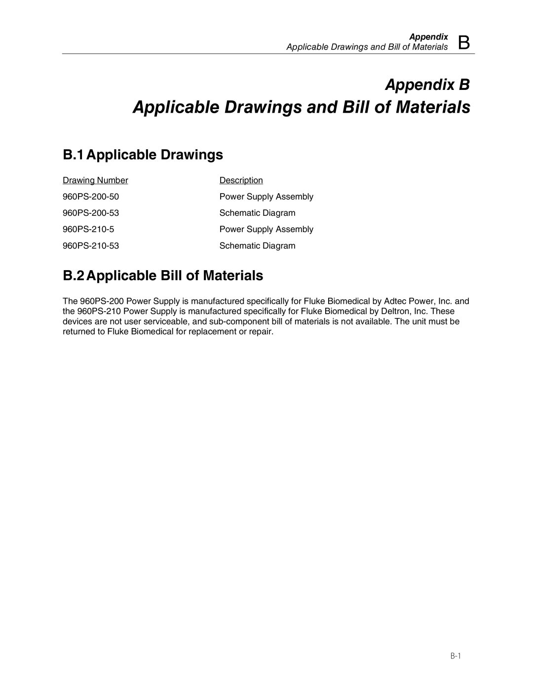 Fluke 960PS-210, 960PS-200 manual Applicable Drawings and Bill of Materials, Applicable Bill of Materials 