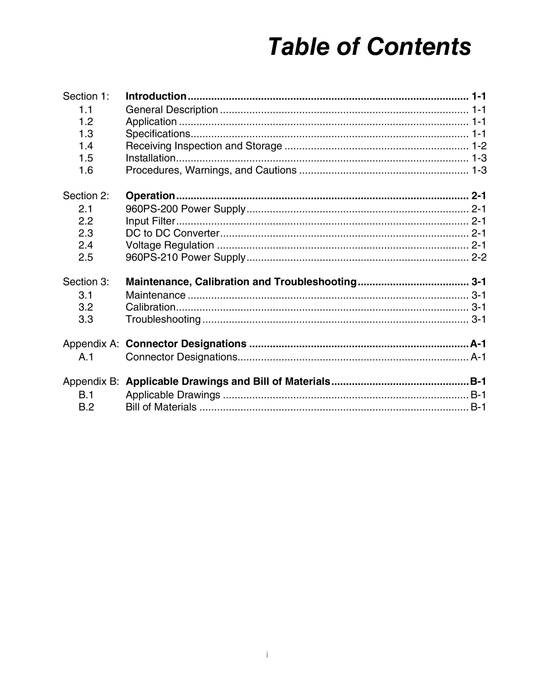 Fluke 960PS-210, 960PS-200 manual Table of Contents 