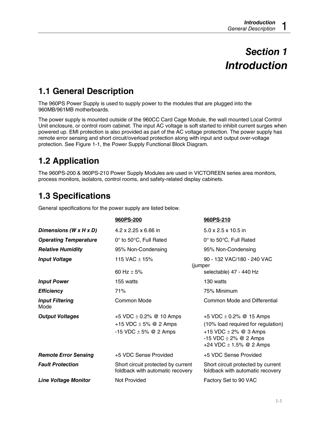 Fluke 960PS-210, 960PS-200 manual Introduction, General Description, Application, Specifications 