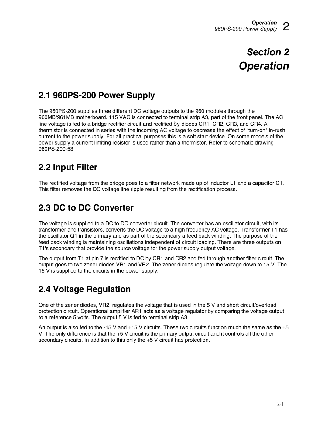 Fluke 960PS-210 manual Operation, 960PS-200 Power Supply, Input Filter, DC to DC Converter, Voltage Regulation 