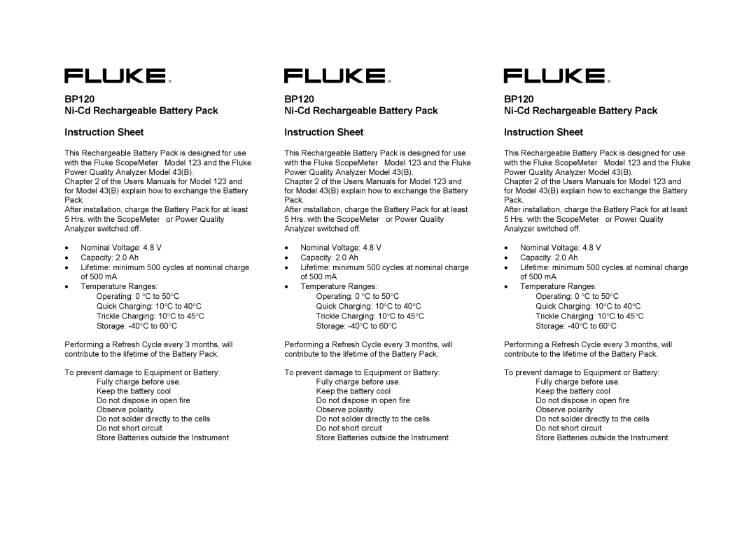 Fluke instruction sheet BP120 Ni-Cd Rechargeable Battery Pack Instruction Sheet 