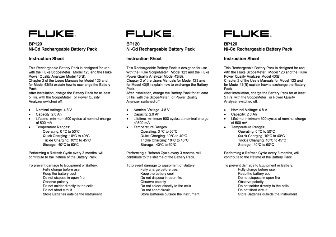 Fluke instruction sheet BP120 Ni-Cd Rechargeable Battery Pack Instruction Sheet 