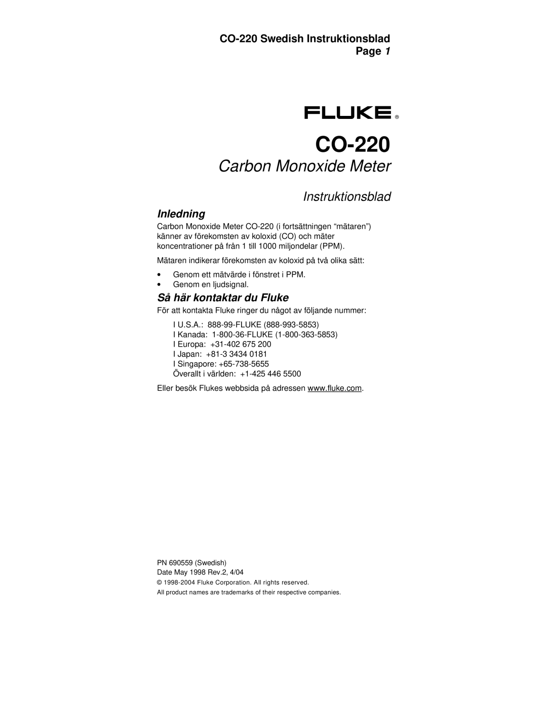 Fluke CO-220 manual Inledning, Så här kontaktar du Fluke 