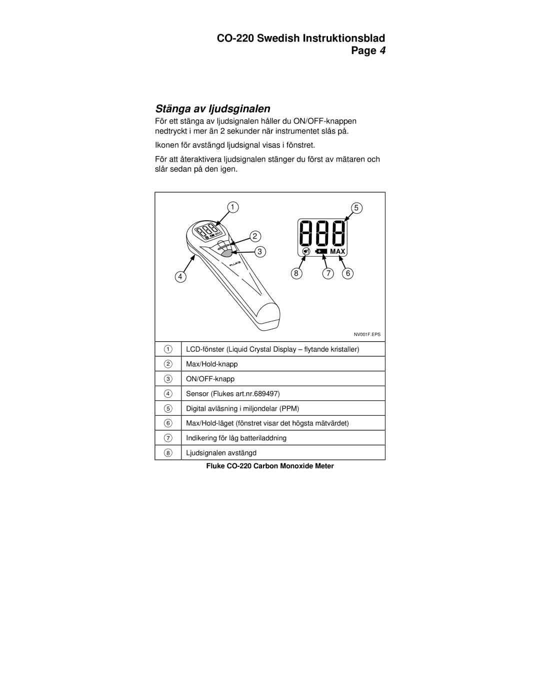 Fluke manual Stänga av ljudsginalen, Fluke CO-220 Carbon Monoxide Meter 