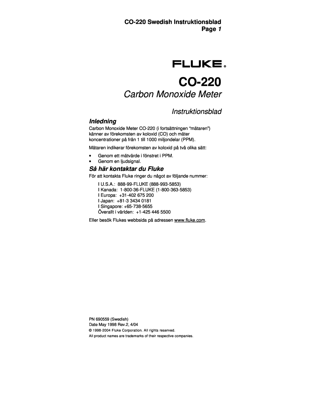 Fluke manual CO-220Swedish Instruktionsblad Page, Inledning, Så här kontaktar du Fluke, Carbon Monoxide Meter 