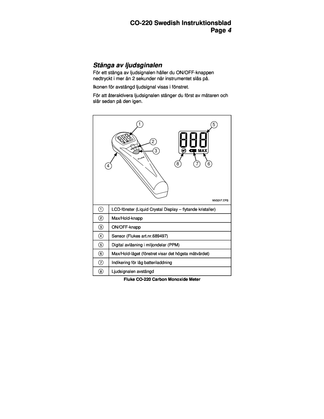 Fluke manual Stänga av ljudsginalen, CO-220Swedish Instruktionsblad Page 