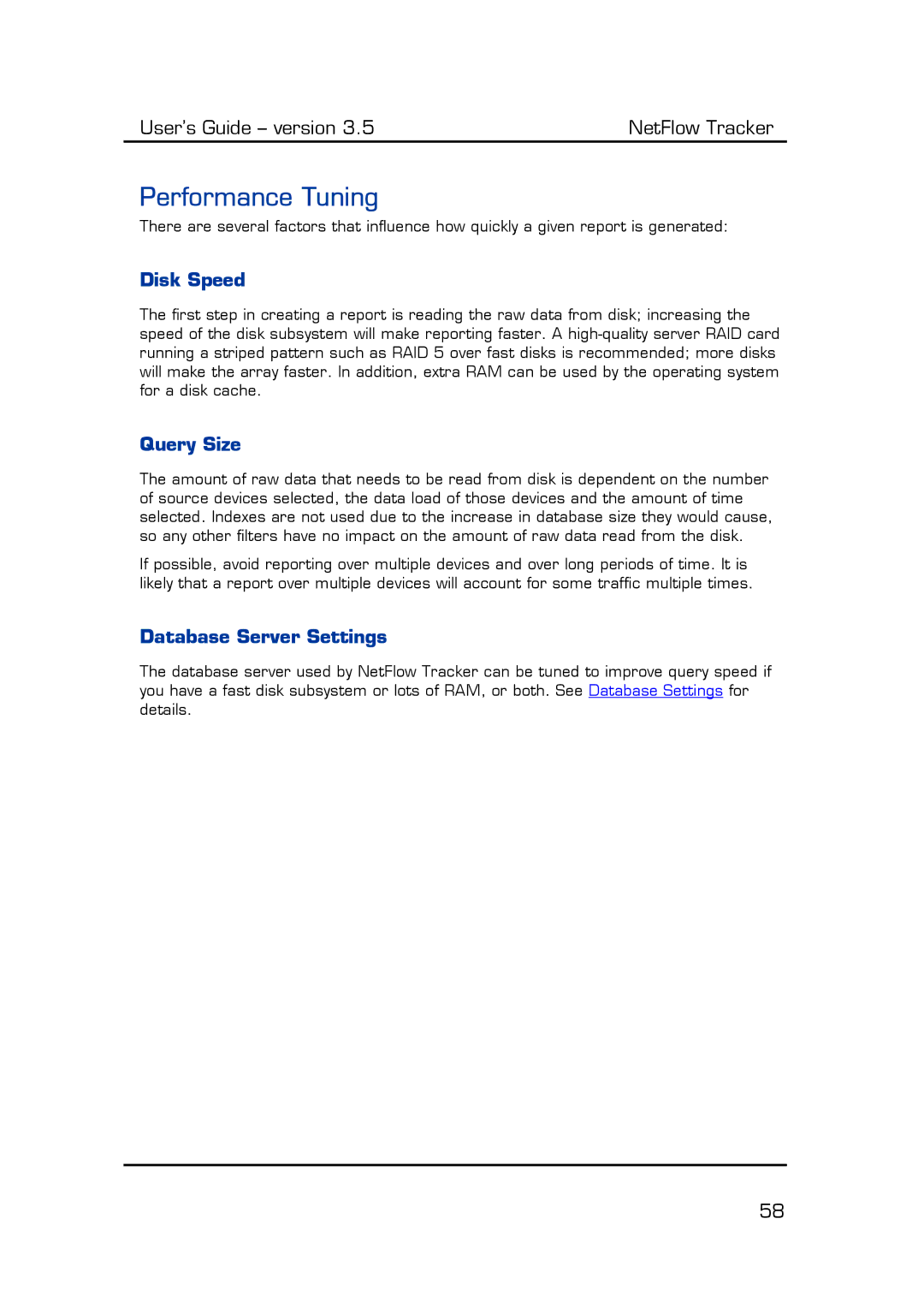 Fluke Computer Accessories manual Performance Tuning, Disk Speed, Query Size, Database Server Settings 