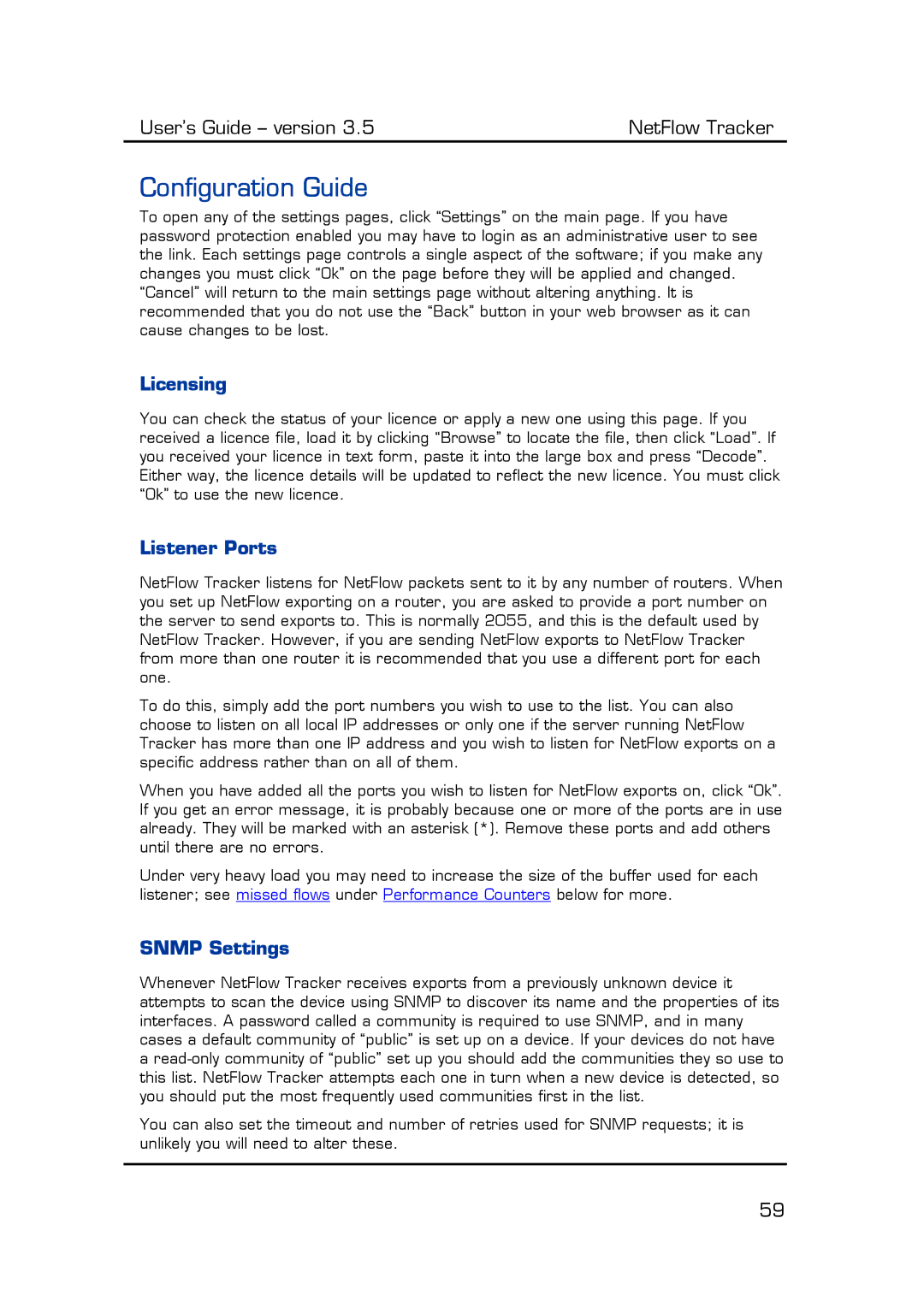 Fluke Computer Accessories manual Configuration Guide, Licensing, Listener Ports, Snmp Settings 