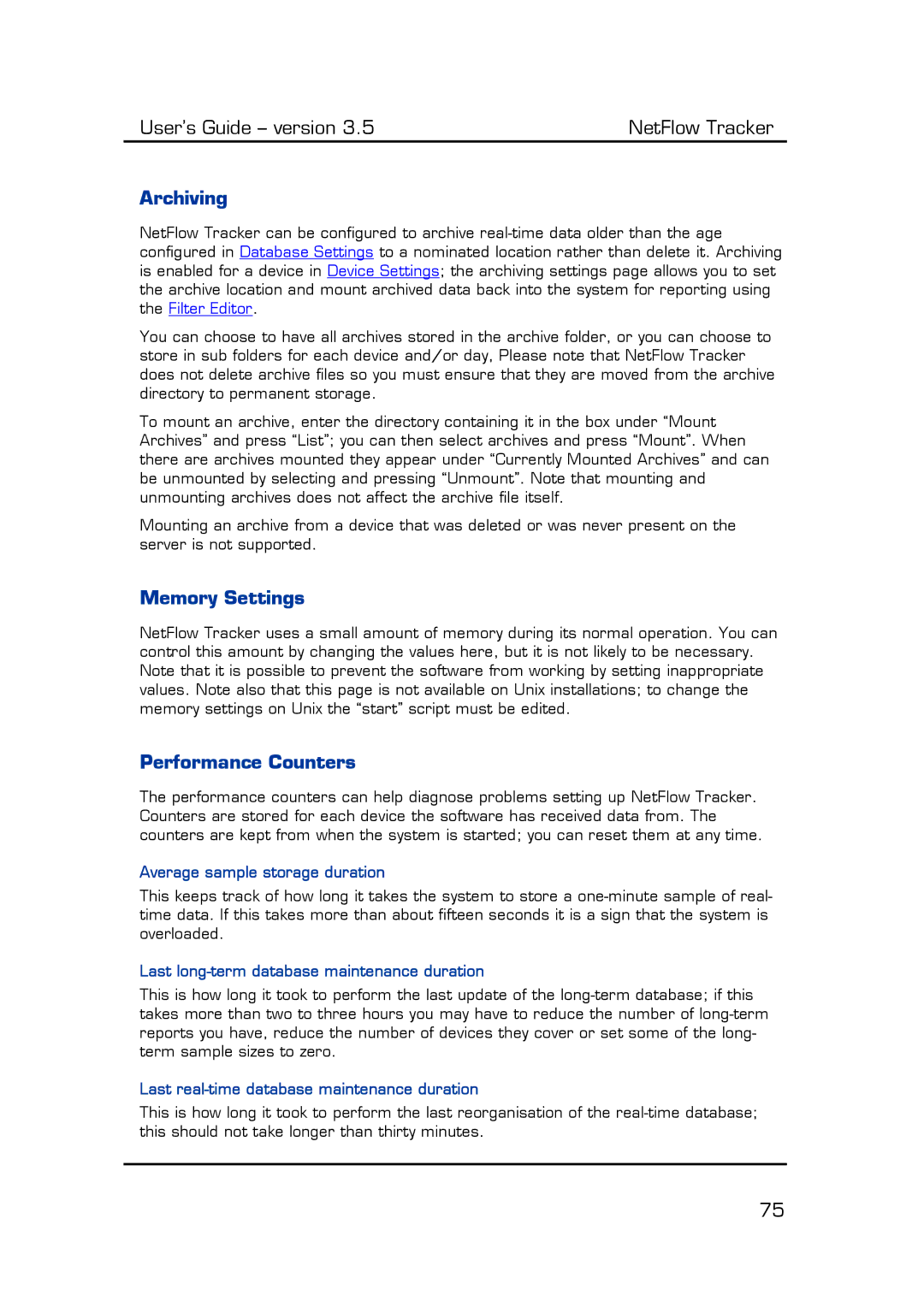 Fluke Computer Accessories manual Archiving, Memory Settings, Performance Counters 