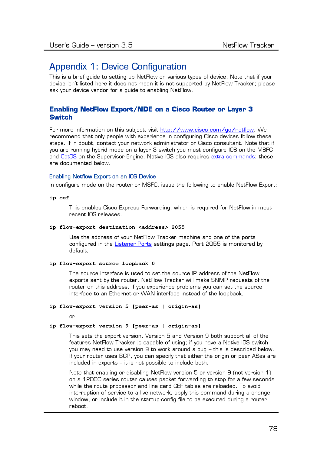 Fluke Computer Accessories manual Appendix 1 Device Configuration, Enabling Netflow Export on an IOS Device, Ip cef 