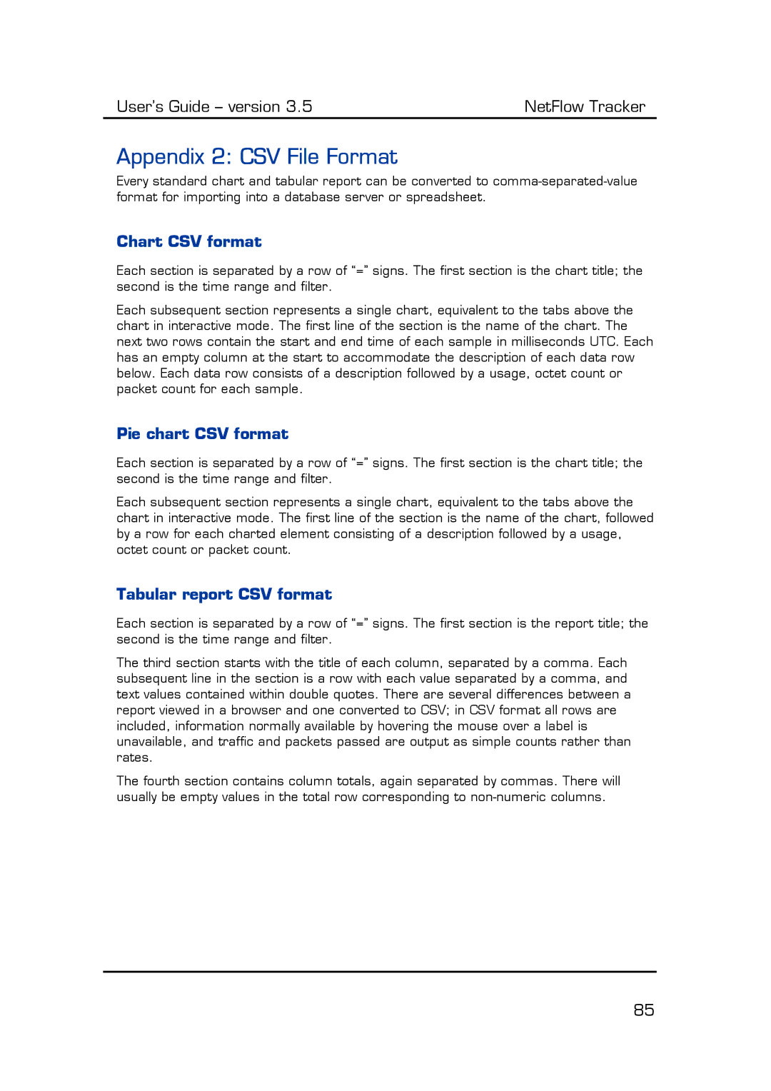 Fluke Computer Accessories Appendix 2 CSV File Format, Chart CSV format, Pie chart CSV format, Tabular report CSV format 