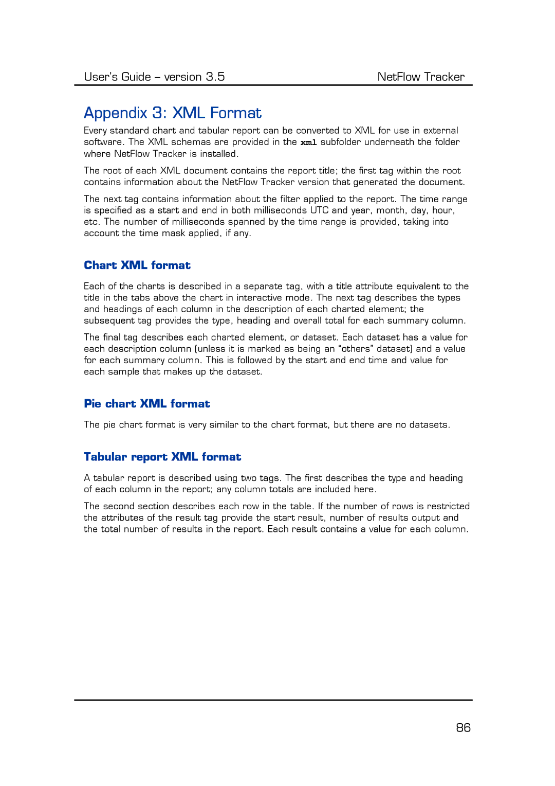 Fluke Computer Accessories manual Appendix 3 XML Format, Chart XML format, Pie chart XML format, Tabular report XML format 