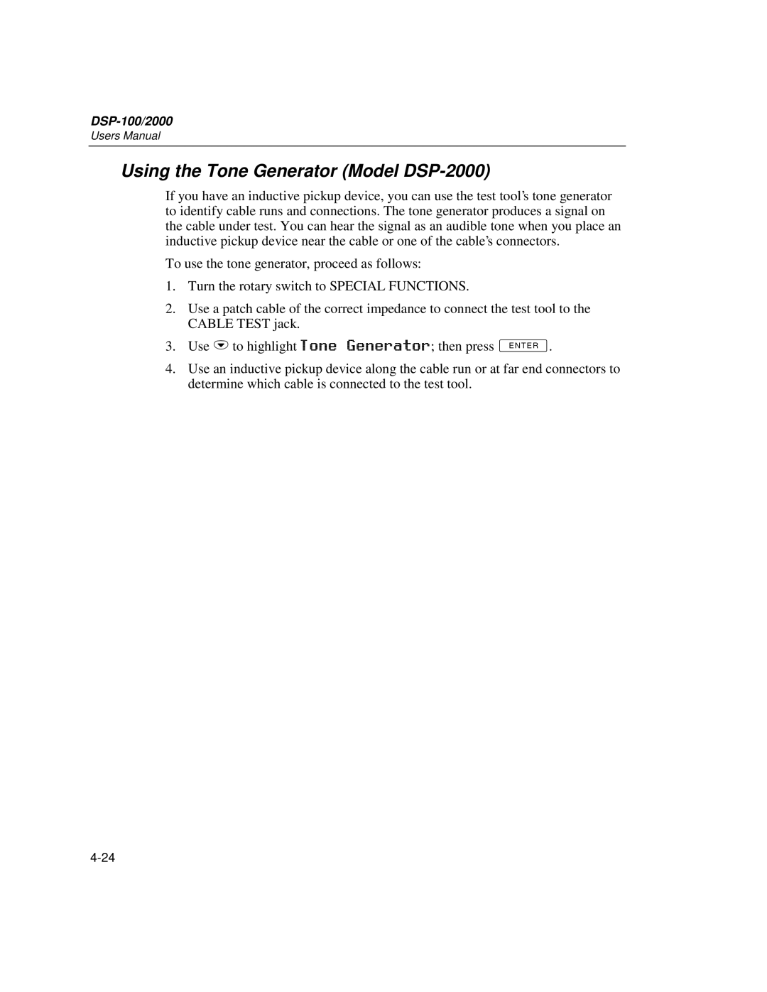 Fluke DSP-100 user manual Using the Tone Generator Model DSP-2000 