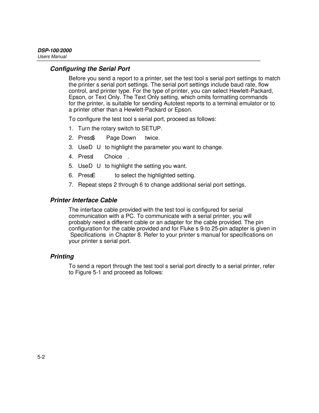 Fluke DSP-2000, DSP-100 user manual Configuring the Serial Port, Printer Interface Cable, Printing 